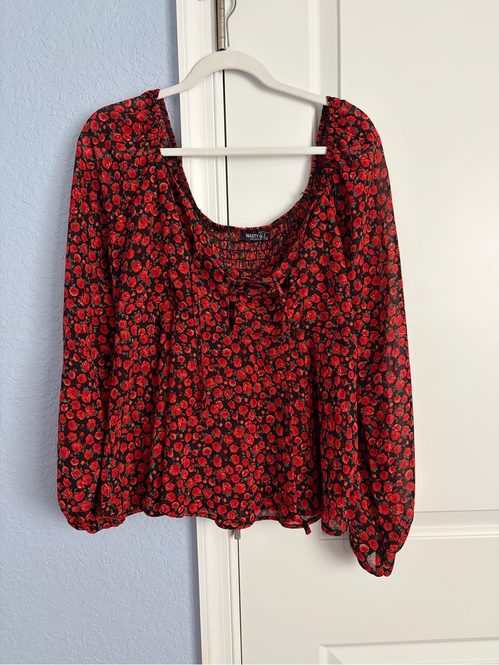 NWOT Nasty Gal Black Blouse with Red Rose Print